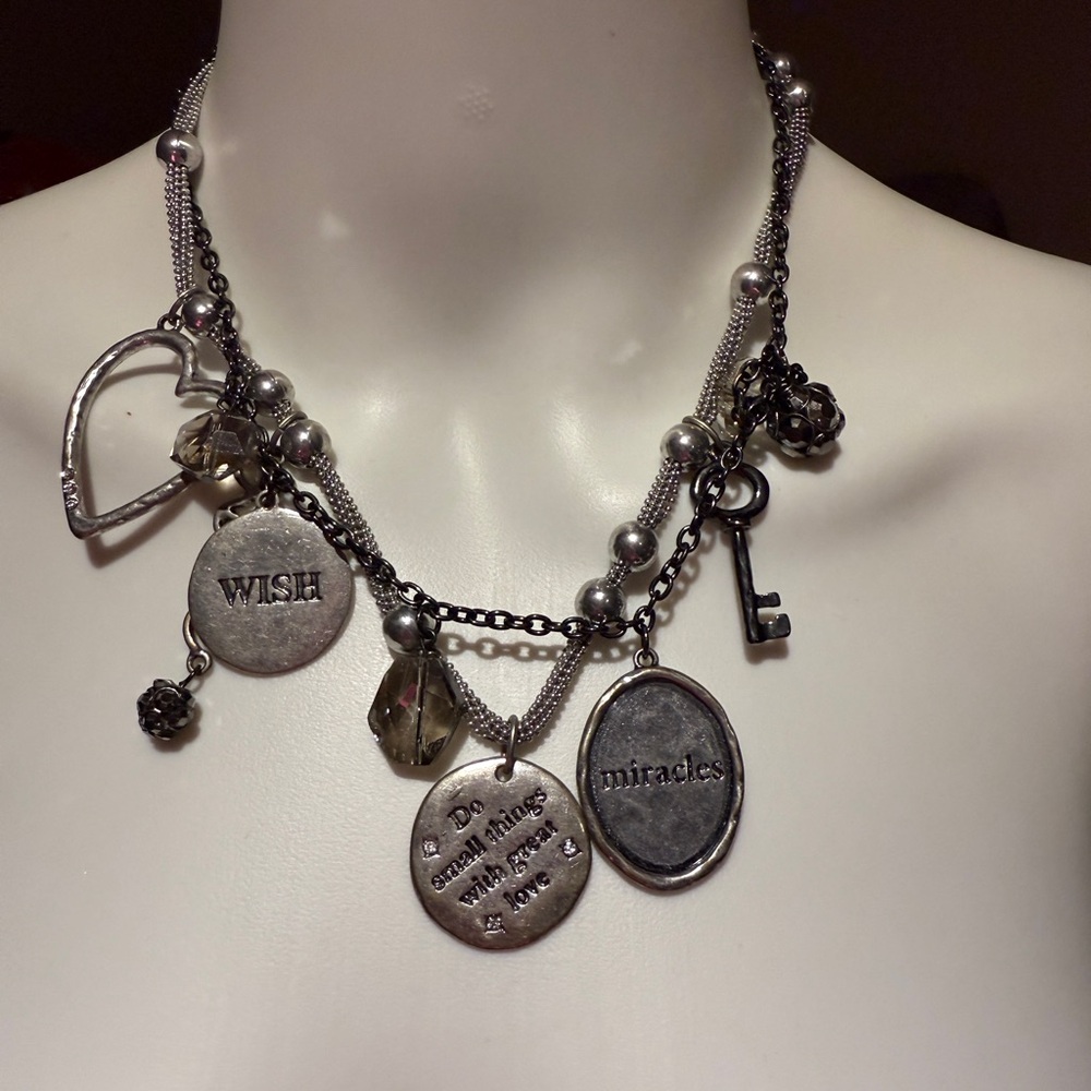 Chico's Multi Strand Silver Charm Necklace with Heart, Key & motivational words